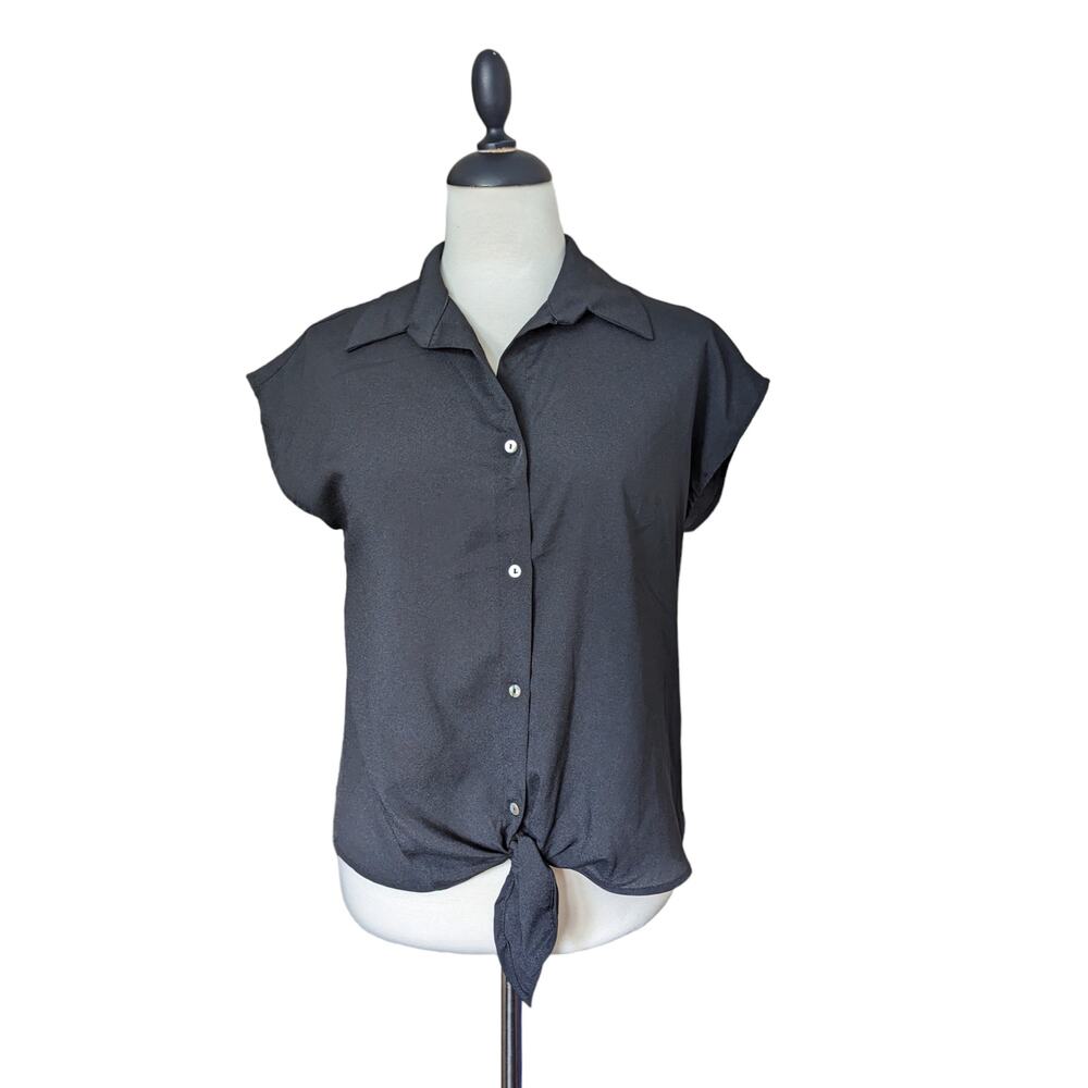 Blue Rain Black Front Tie Button Up Blouse Size S